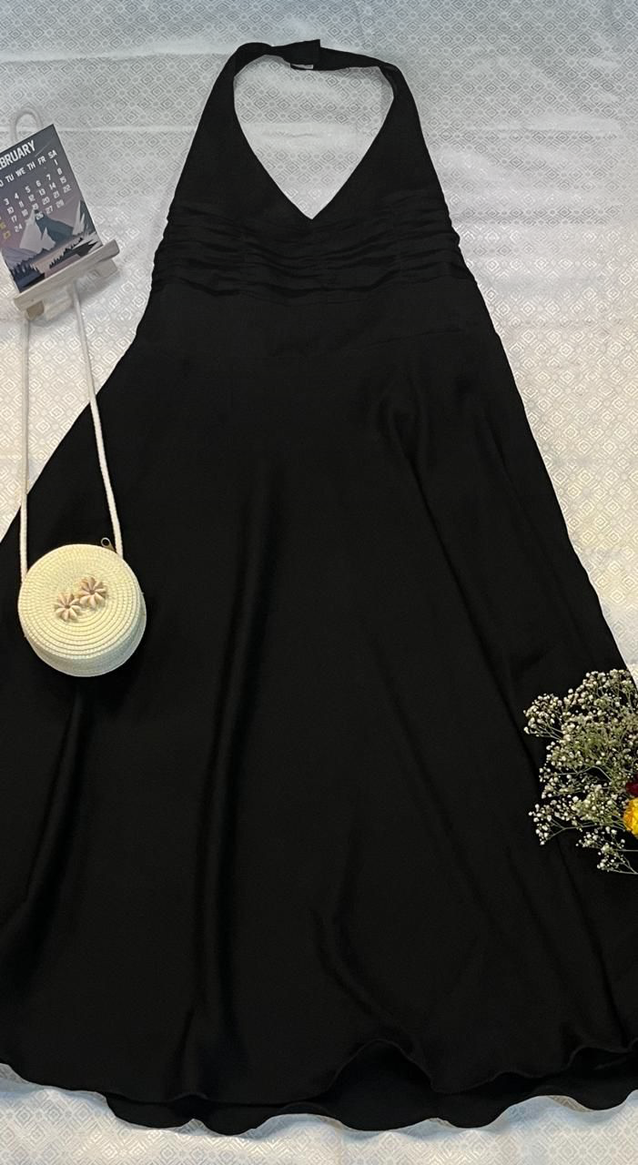 Black Halter Neck Flared Dress With Pintucks Detailing
