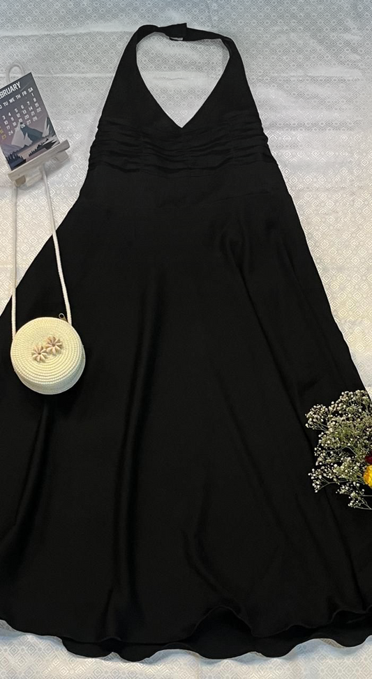 Black Halter Neck Flared Dress With Pintucks Detailing