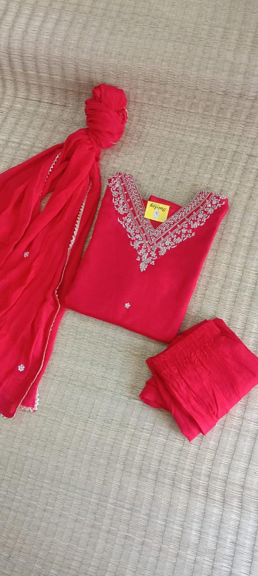 Red semi silk top bottom duppatta(ready made )