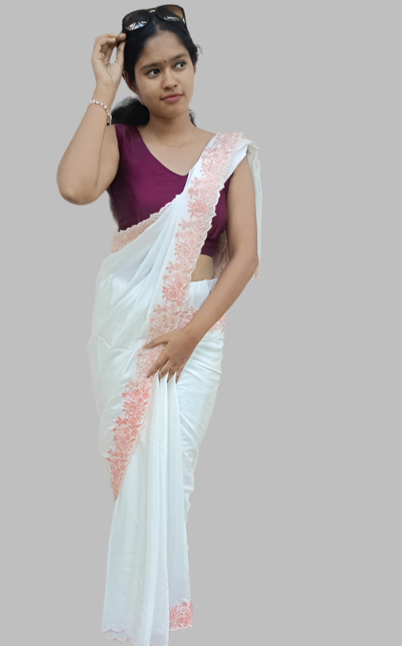 White silk crepe saree