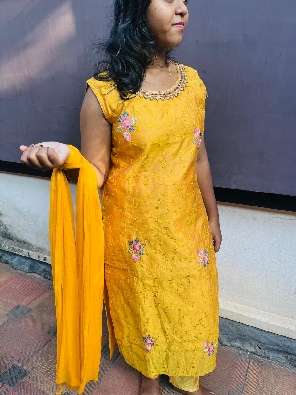 Golden yellow chanderii top pants and duppatta set