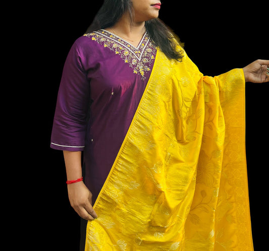 violet chanderii top pants and yellow brocade duppatta set