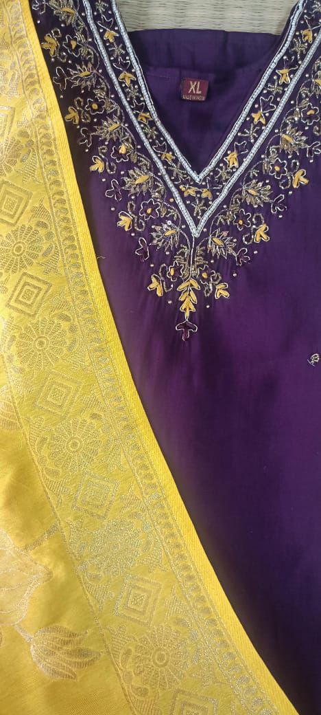 violet chanderii top pants and yellow brocade duppatta set