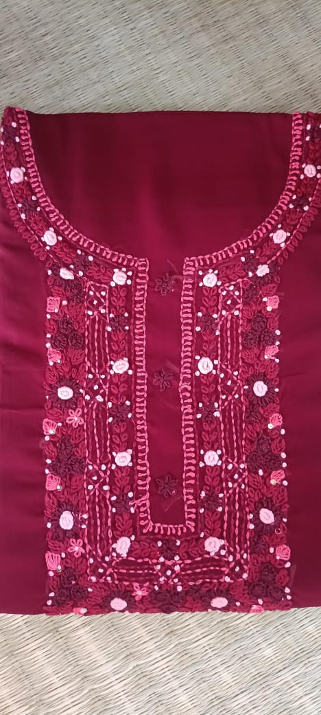 Deep red chiffon unstitched salwar set with thread work.