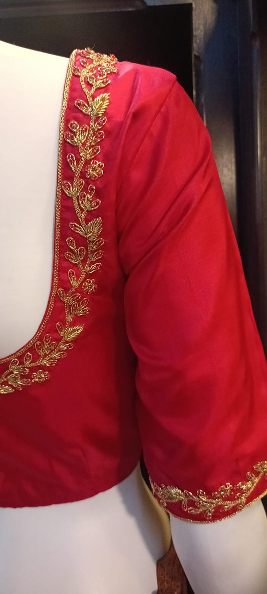 RED SILK SAREE BLOUSE WITH KUNDAN WORK