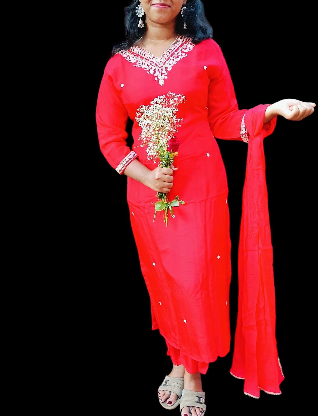 Red semi silk top bottom duppatta(ready made )