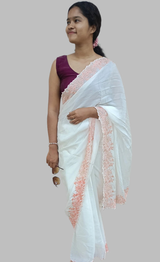 White silk crepe saree