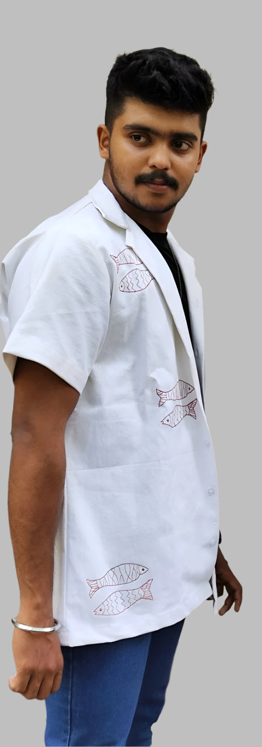 White shirt with fish embroidery