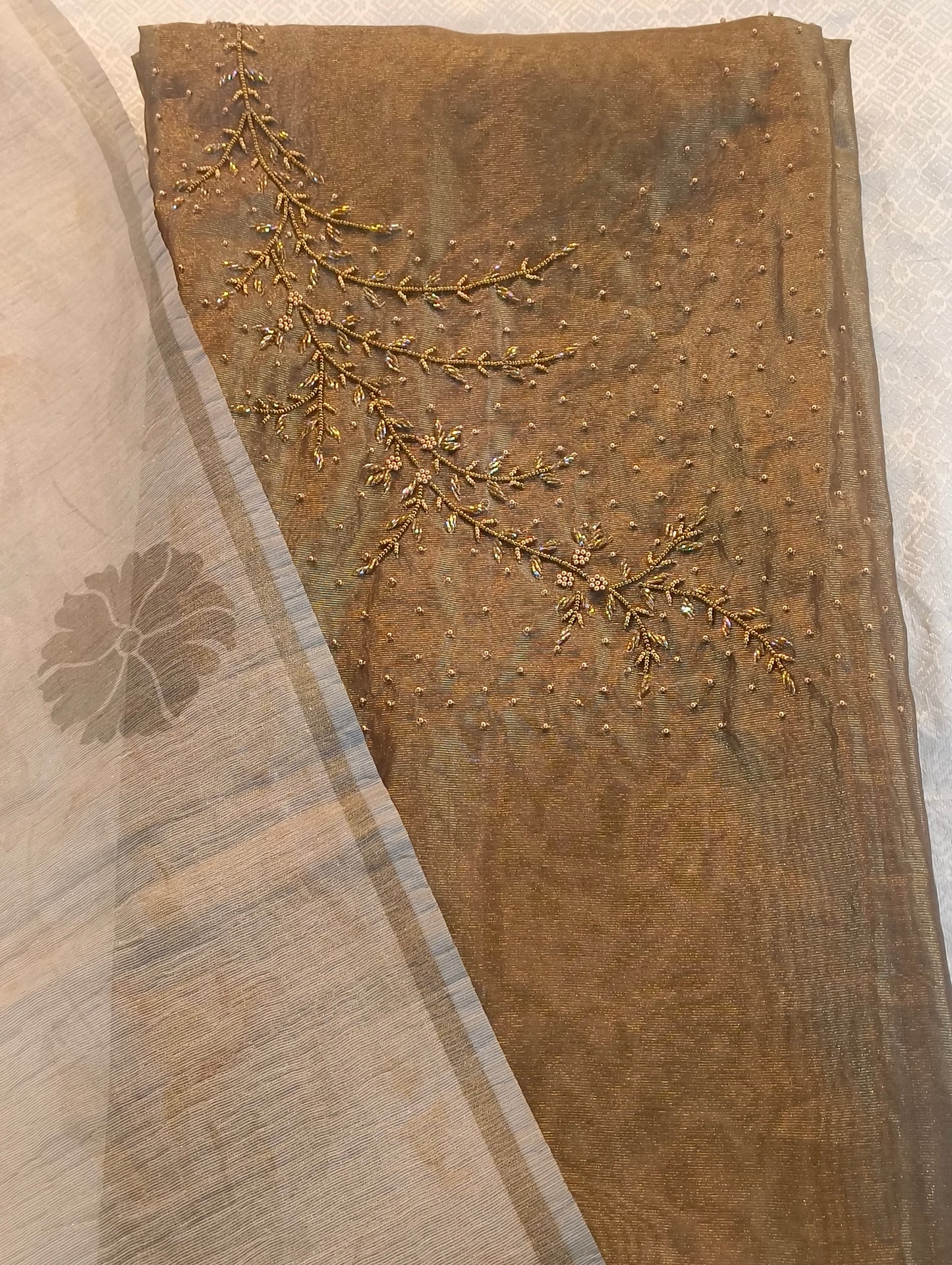 Tissue silk material with hand embroidery