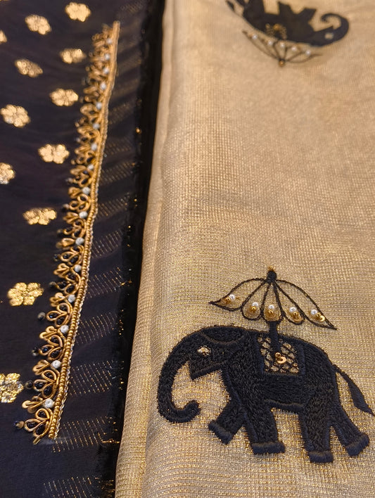 TISSUE SILK SAREE WITH STICHED BLOUSE WITH HAND EMBROIDERY (available in any size)