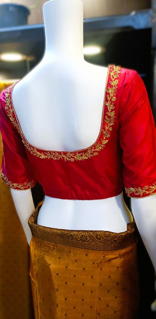 RED SILK SAREE BLOUSE WITH KUNDAN WORK