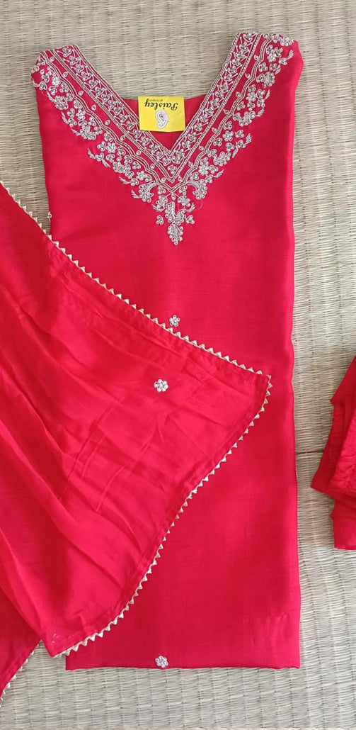 Red semi silk top bottom duppatta(ready made )