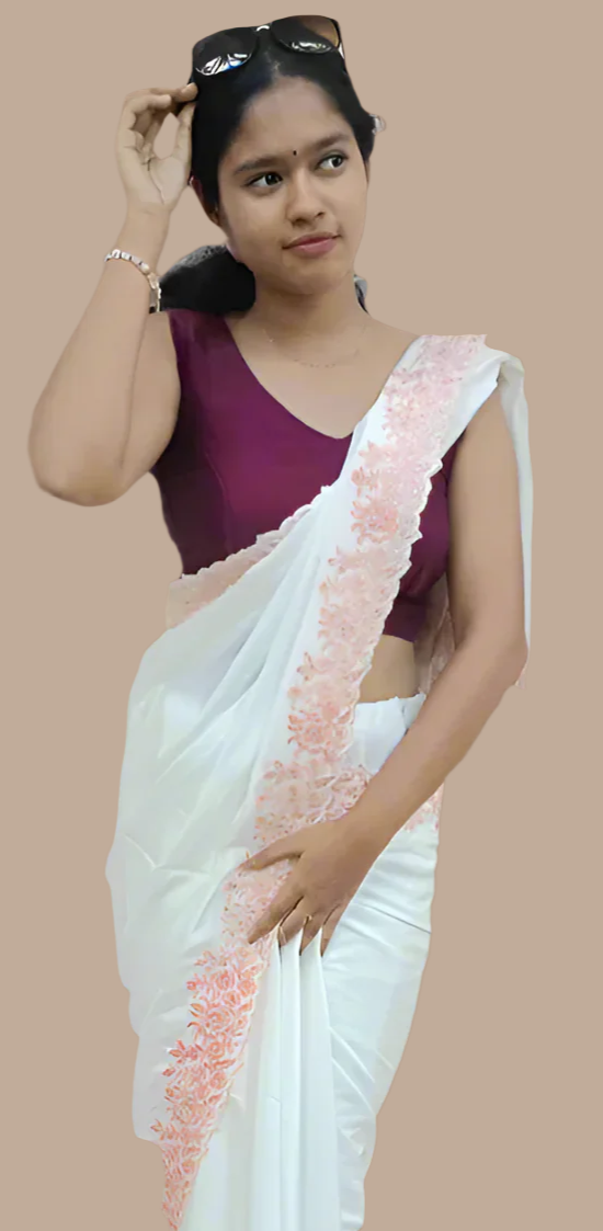 White silk crepe saree