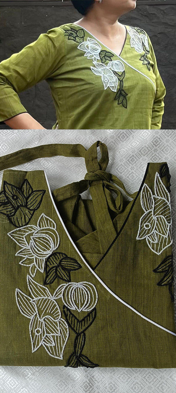 Olive green embroidered angarakha straight cut top