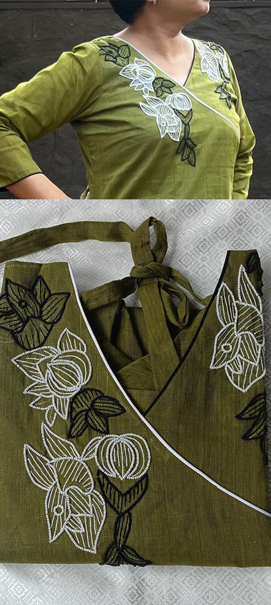 Olive green embroidered angarakha straight cut top