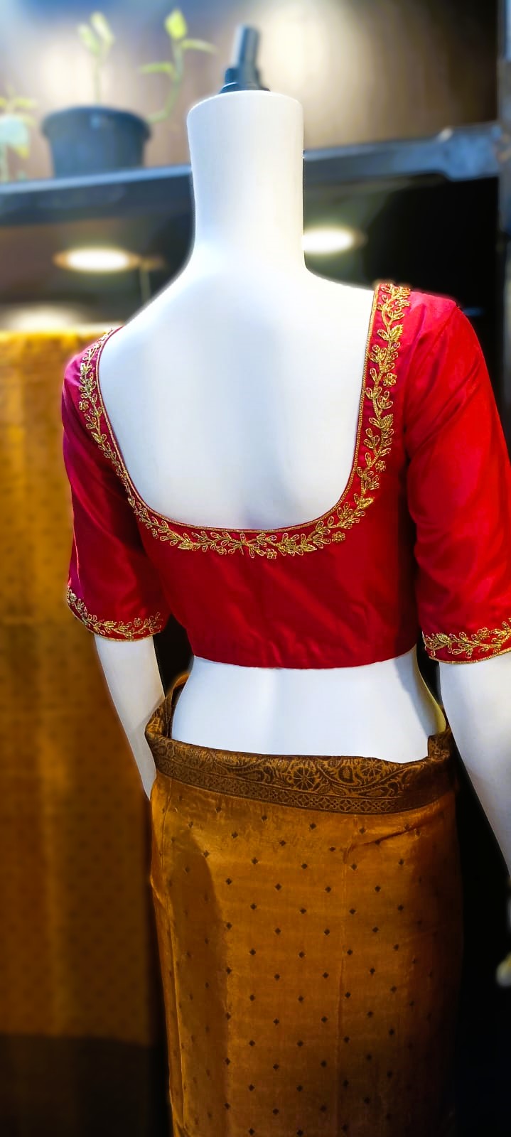 RED SILK SAREE BLOUSE WITH KUNDAN WORK