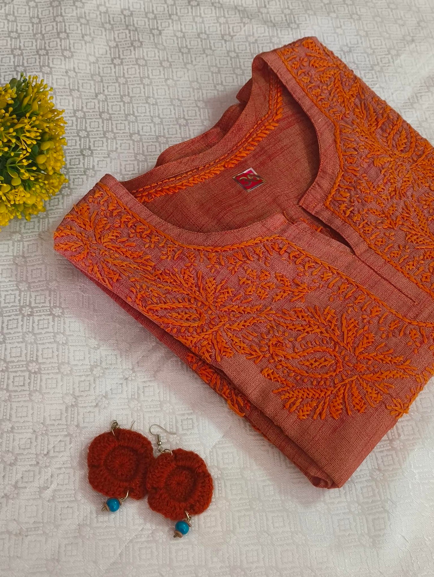 Cotton mix orange-brown Chikankari kurti