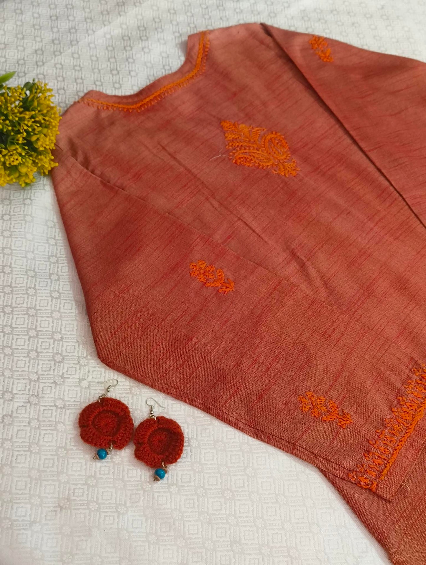 Cotton mix orange-brown Chikankari kurti