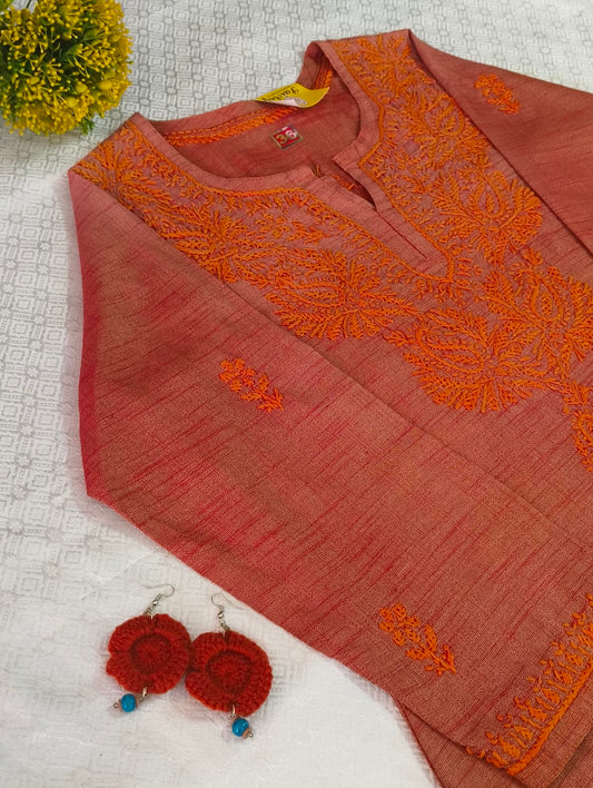 Cotton mix orange-brown Chikankari kurti