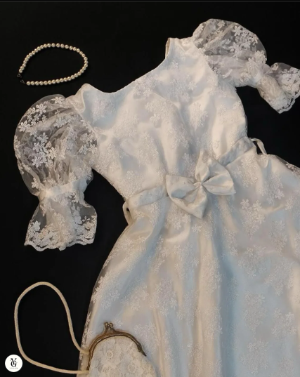 White Embroidered Net Umbrella Dress with Puff Sleeves & Satin Lining