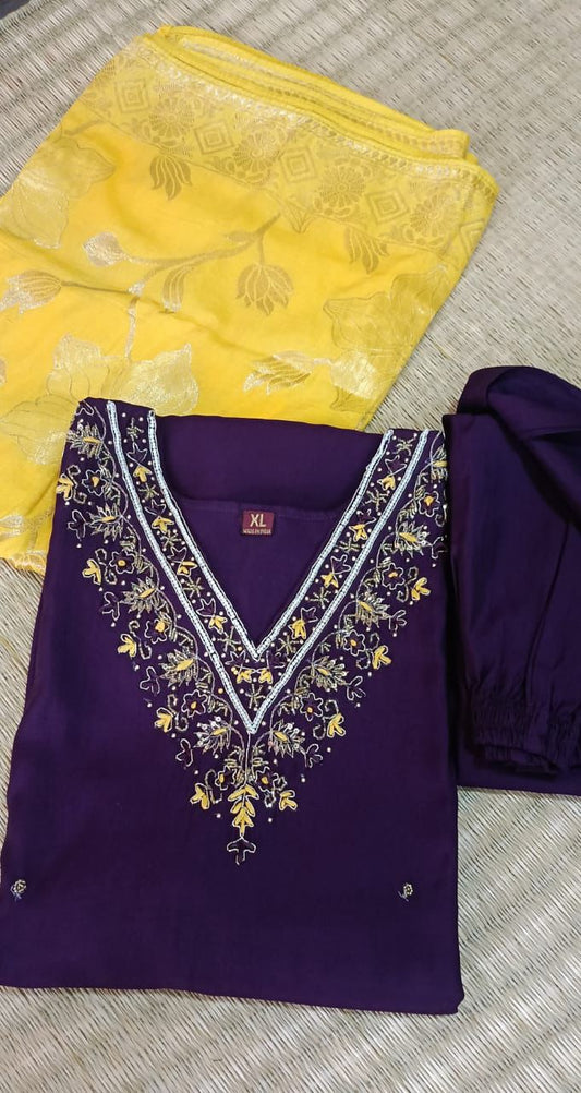 violet chanderii top pants and yellow brocade duppatta set