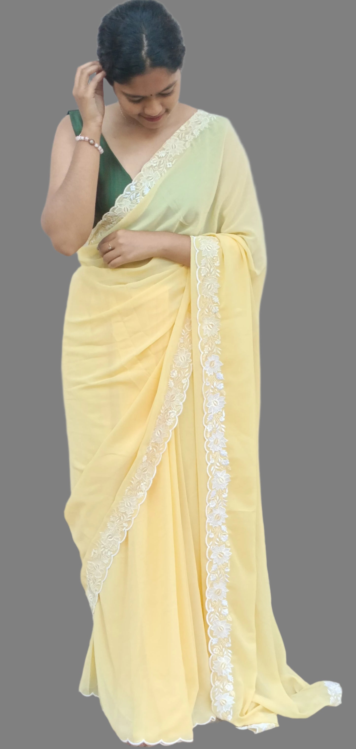 Lemon yellow chiifon saree