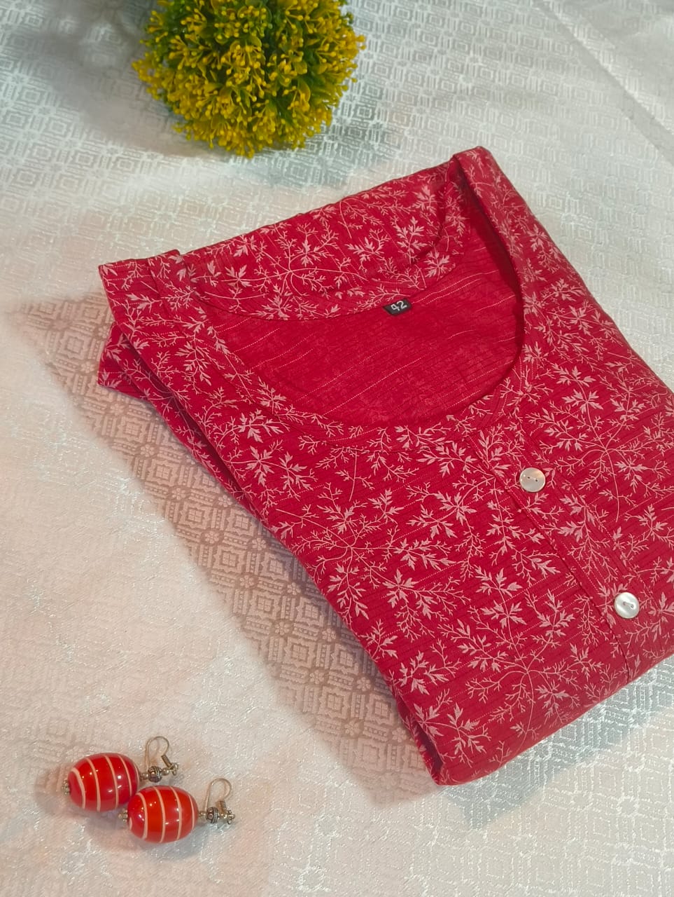 Red Cotton Kurti with White Floral Prints