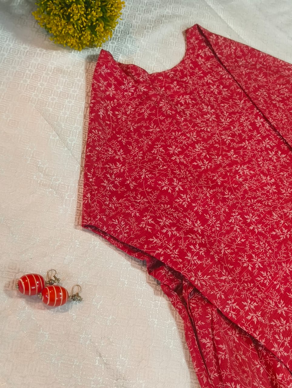 Red Cotton Kurti with White Floral Prints