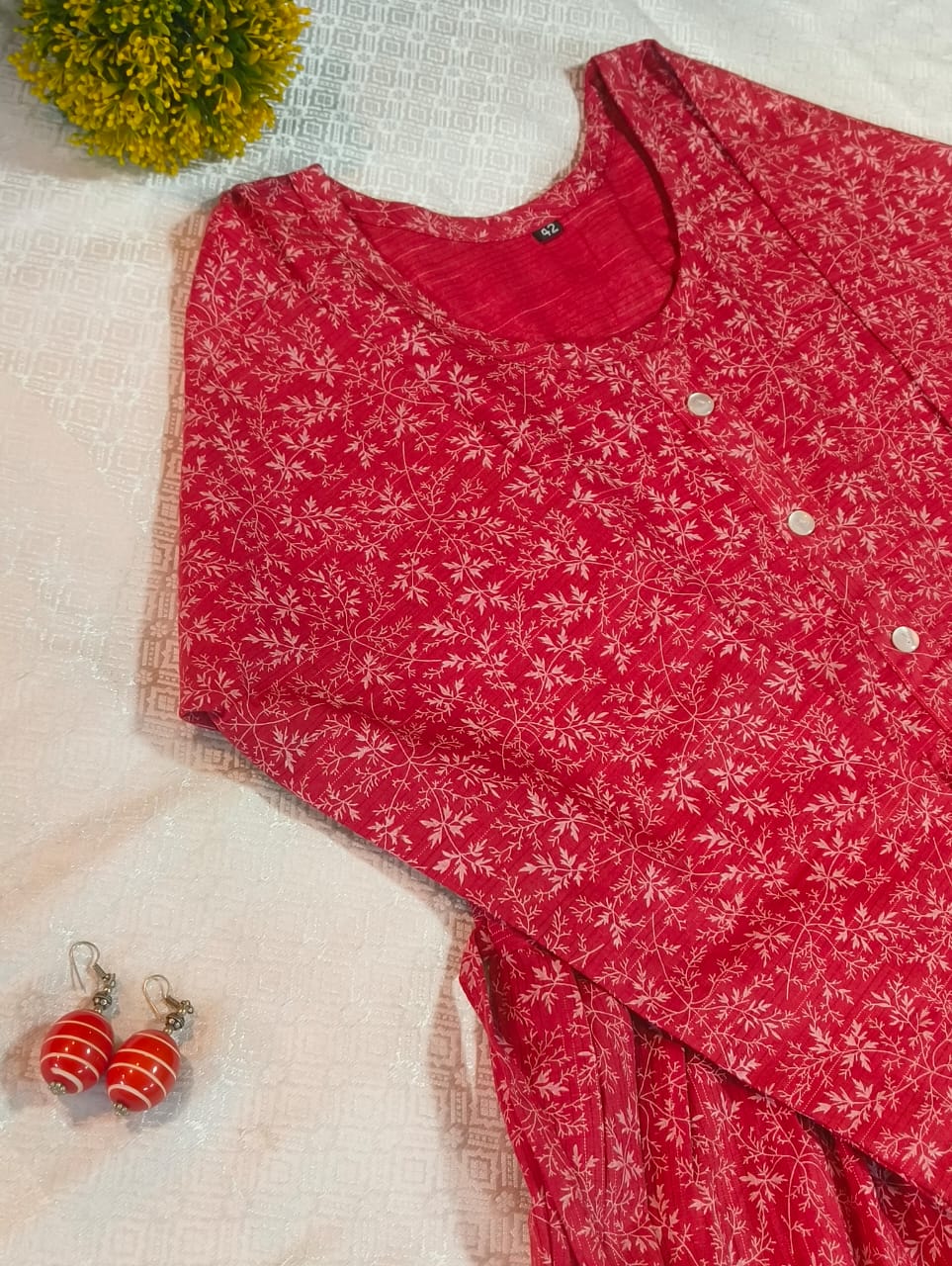 Red Cotton Kurti with White Floral Prints