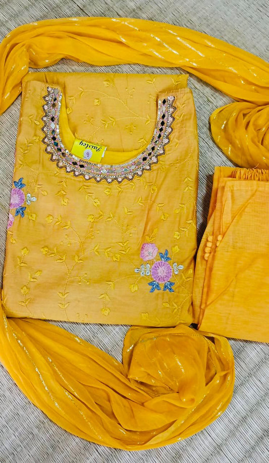 Golden yellow chanderii top pants and duppatta set