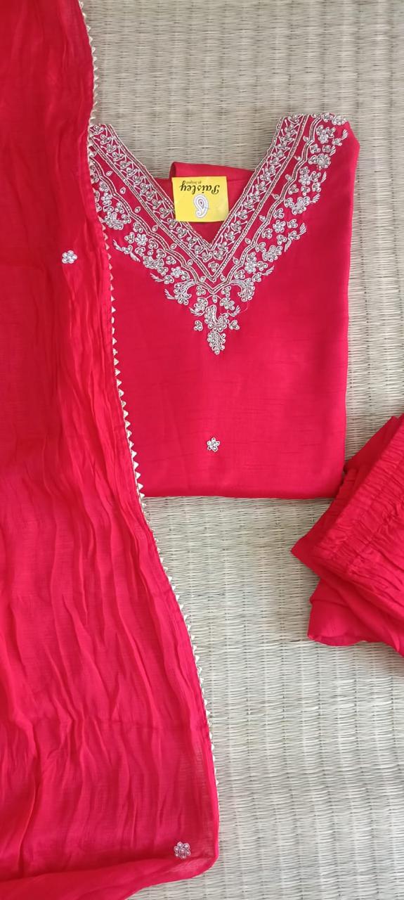 Red semi silk top bottom duppatta(ready made )