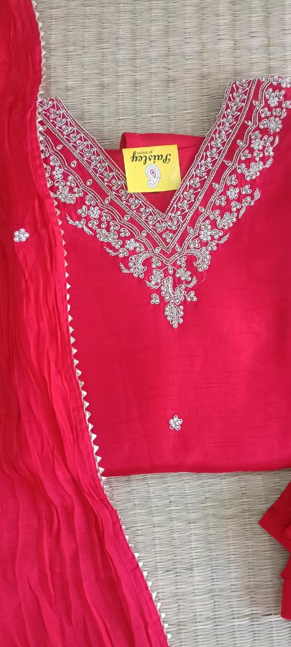 Red semi silk top bottom duppatta(ready made )
