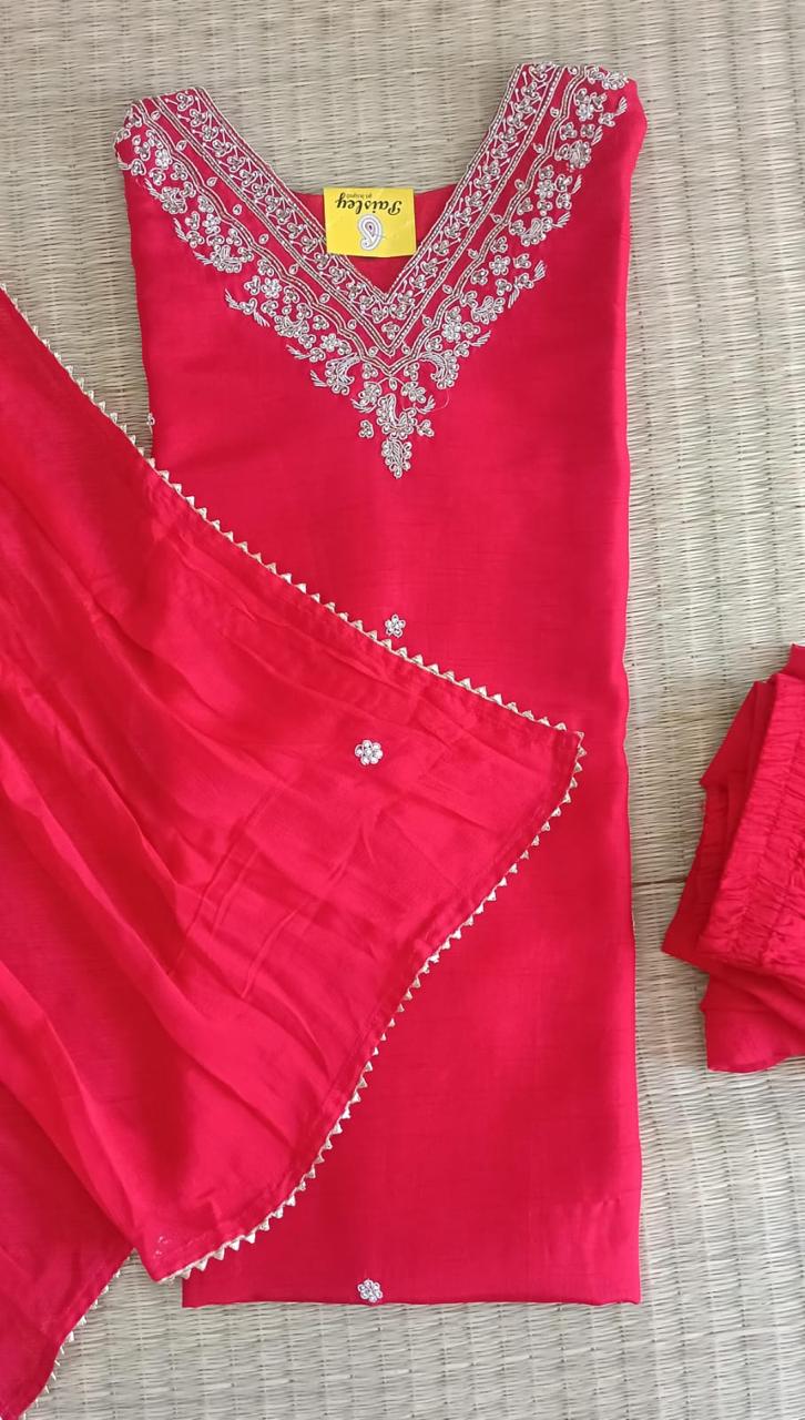 Red semi silk top bottom duppatta(ready made )
