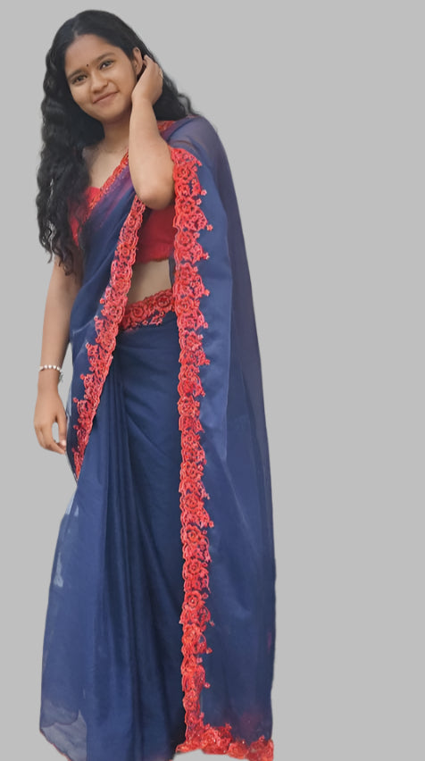 Blue organza saree with red embroidery
