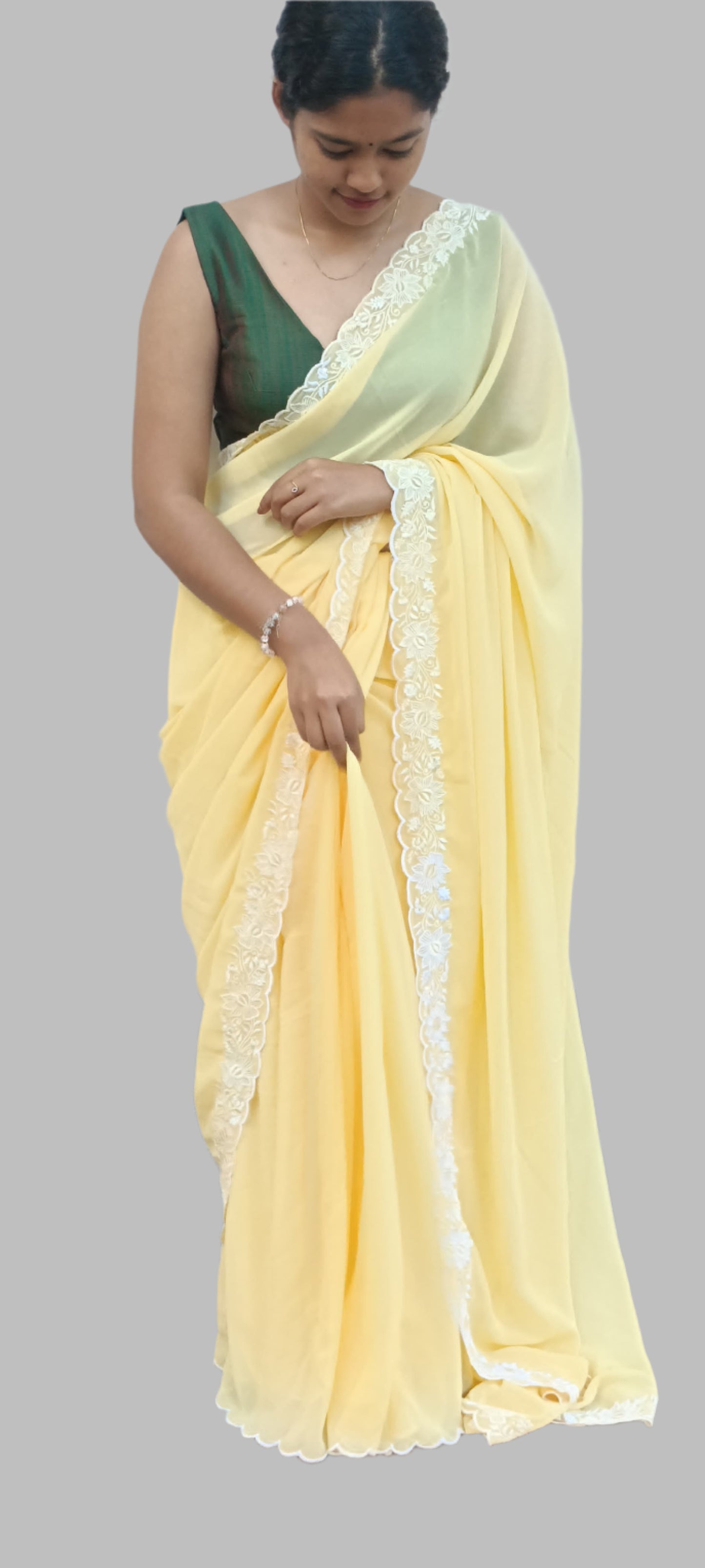 Lemon yellow chiifon saree