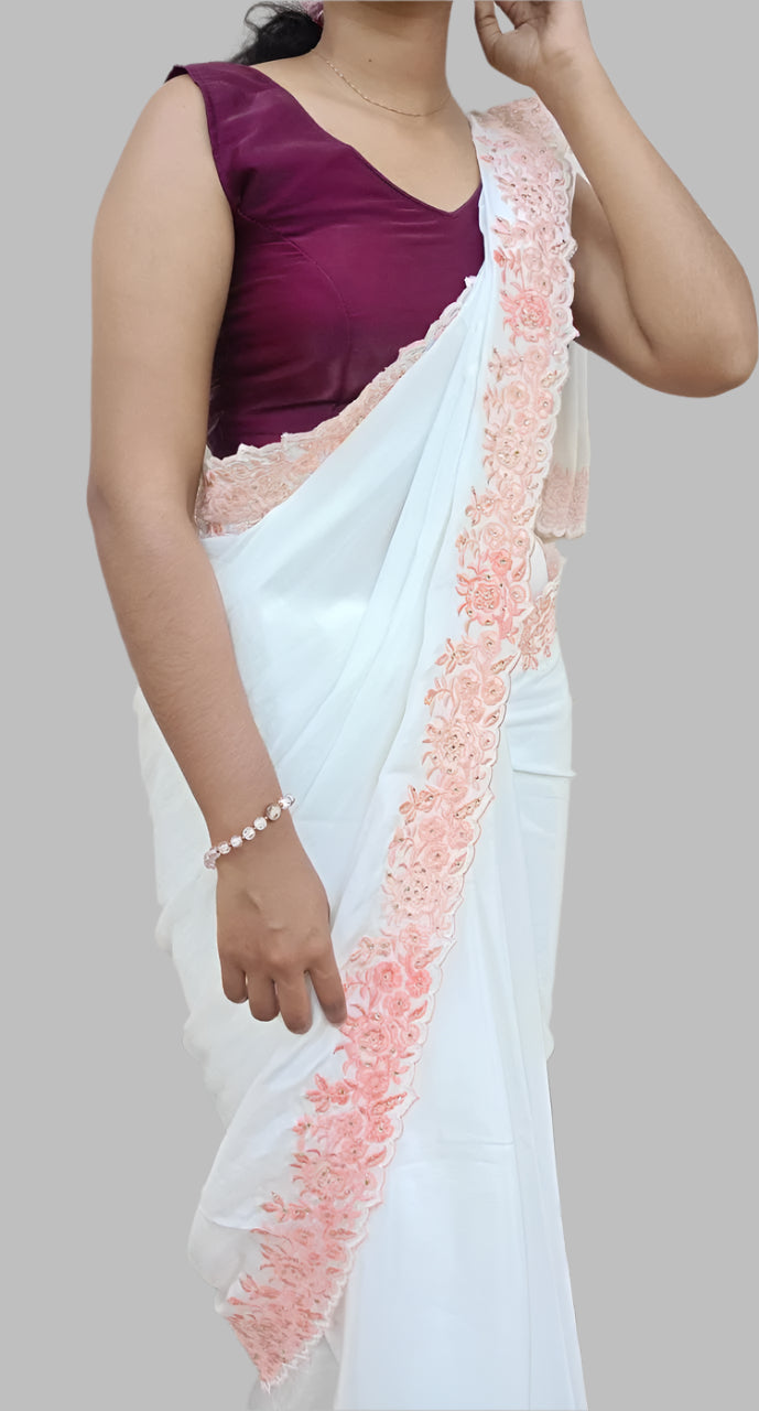 White silk crepe saree
