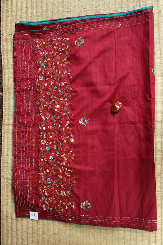 Red semi silk saree with embroidery