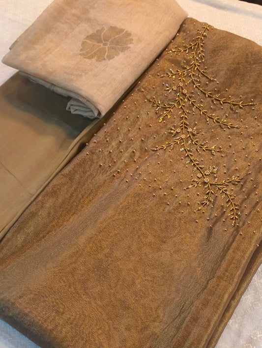 Tissue silk material with hand embroidery