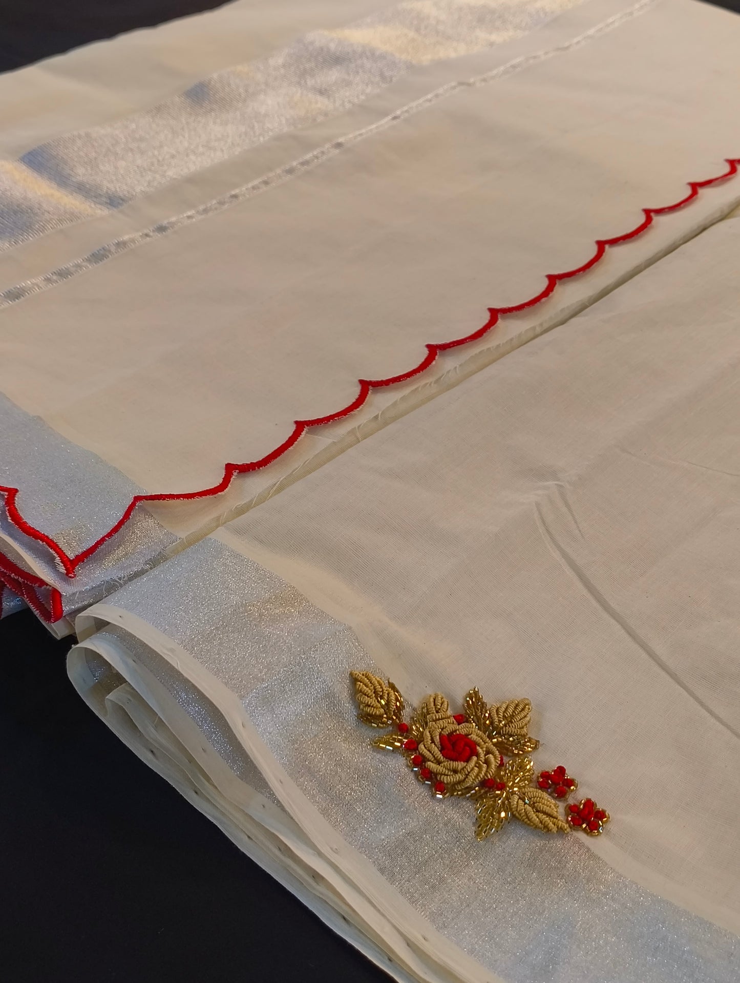 Kerala cotton saree with scalp , stiched blouse with hand embroidery (available at any size)
