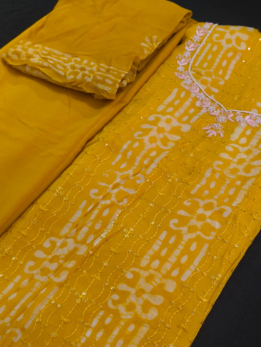 Semi silk material with thread work