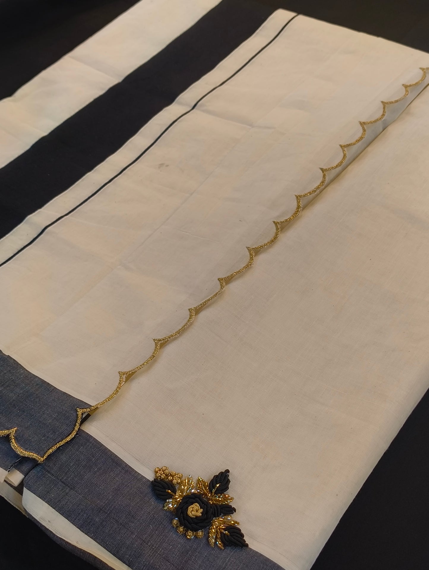 Kerala cotton saree with scalp , stiched blouse with hand embroidery (available at any size)