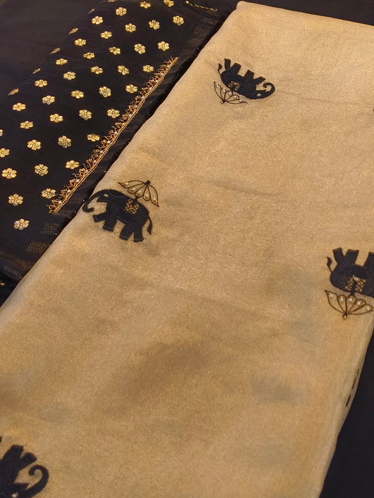 TISSUE SILK SAREE WITH STICHED BLOUSE WITH HAND EMBROIDERY (available in any size)