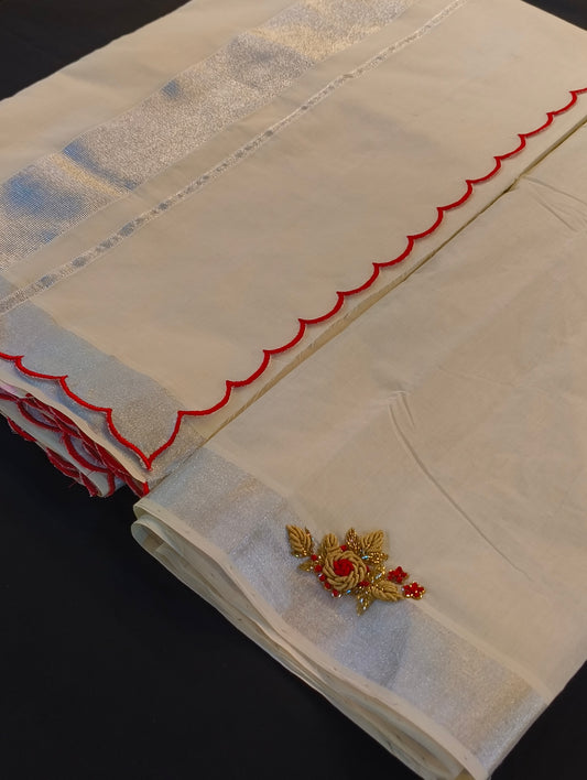 Kerala cotton saree with scalp , stiched blouse with hand embroidery (available at any size)