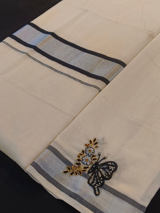 Kerala cotton saree , stiched blouse with hand embroidery (available at any size)