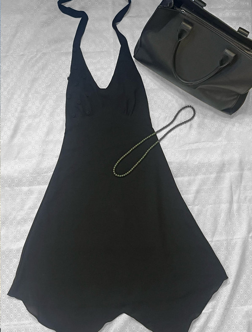 10859 Black Back Strap Asymmetrical Tassel Dress