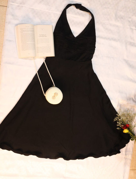 Black Halter Neck Flared Dress With Pintucks Detailing